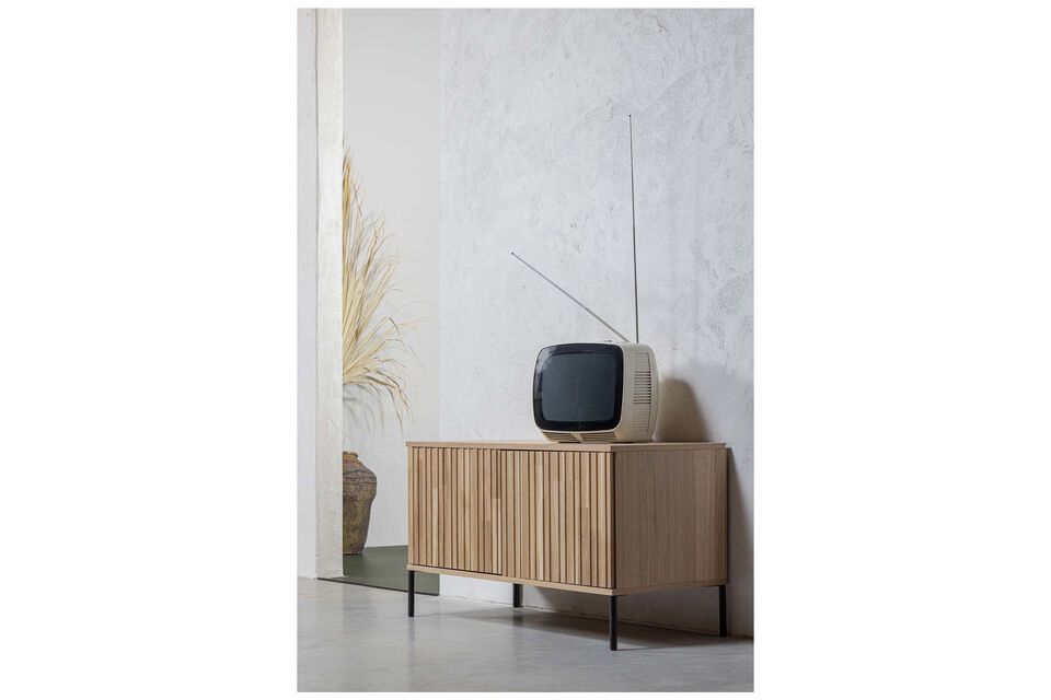 Nuovo porta TV, impiallacciato in rovere beige e metallo nero, pratico e versatile